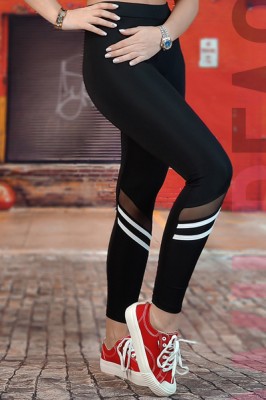 L863-1 Colanti sport cu talie medie din material elastic si dungi albe foto