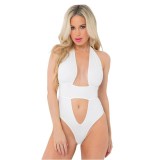 Lenjerie sexy teddy Pink Lipstick TAKE THE PLUNGE Bodysuit, cu decolteu ad&acirc;nc și chilot tanga, mărime S/M, culoare alb