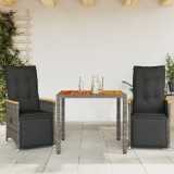 vidaXL Set bistro de grădină cu perne, 3 piese, gri, poliratan