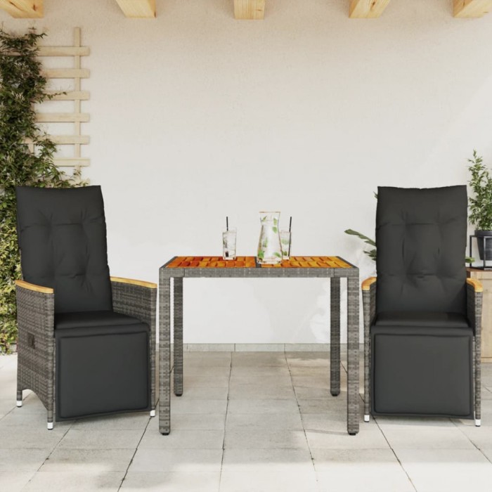 Set bistro de grădină cu perne, 3 piese, gri, poliratan