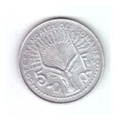 Moneda Somalia 5 francs/franci 1965, stare buna, cu mica zgarietura, curata