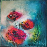 Pictură originală ulei pe p&acirc;nză &bdquo;Trei trandafiri roșii pe fundal albastru&rdquo; 20x20 cm, pe șasiu. Certificat cu semnătura și ștampila artistului