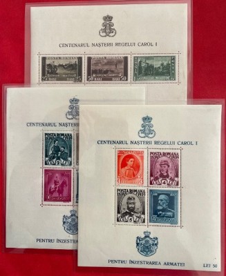 Romania 1939 / 1940 - Lp 133 - Centenarul nasterii Regelui Carol I - pentru inzestrarea armatei - 3 colite dantelate - MNH*** foto