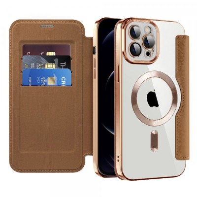 Husa MagSafe pentru Apple iPhone 12 Pro Max, Techsuit, SmartMag Book, Maro foto