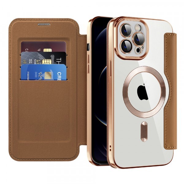 Husa MagSafe pentru Apple iPhone 12 Pro Max, Techsuit, SmartMag Book, Maro