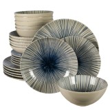 Set farfurii 24 piese, 6 persoane, MoonLight, Alb Ivoire cu linii albastre