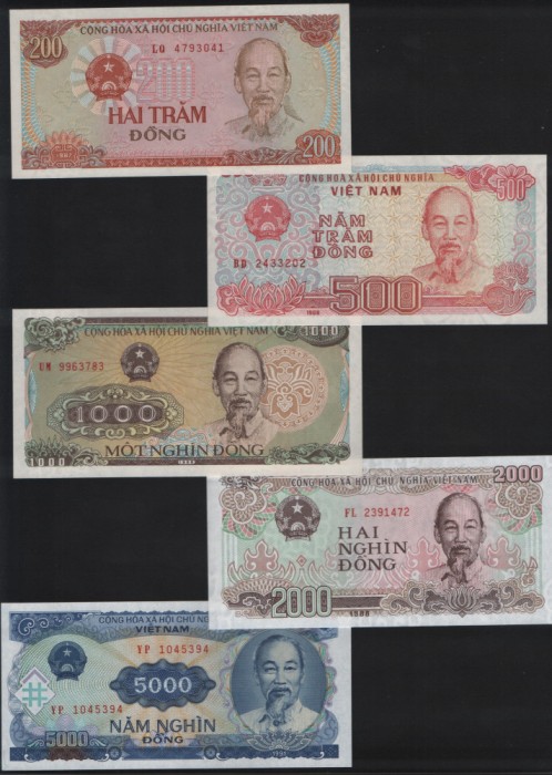 Set Vietnam 200+500+1000+2000+5000 dong unc 1987-1991
