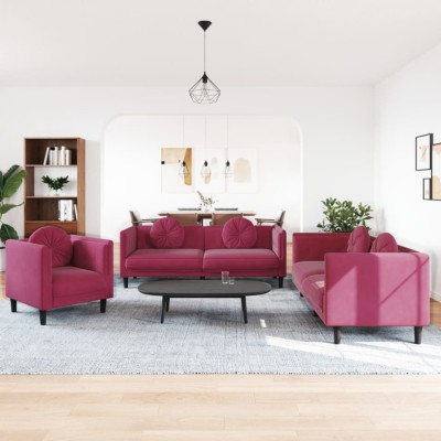 vidaXL Set canapele cu perne, 3 piese, roșu vin, catifea 3209251 foto