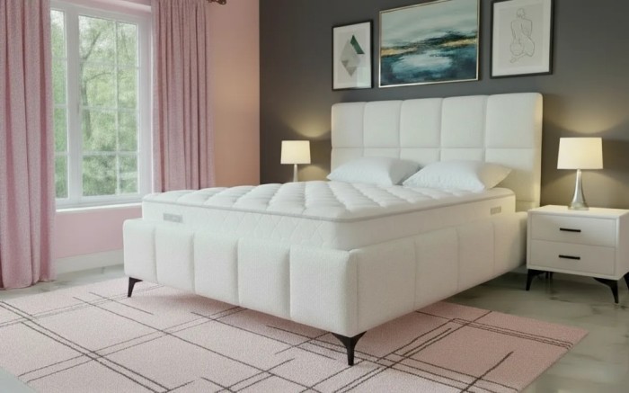 Pat Rubik 160x200 cm Tapitat Stofa Teddy Alb Crem Somiera Inclusa ( COD ML 2223-UF998-01)