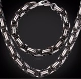 Set Lant+Bratara inox model Byzantine Ton Argintiu si Negru S203