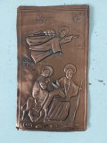 Metaloplastie in foita de cupru, Imagine de Craciun cu Iosif, Maria si pruncul Iisus calauziti de un inger, 7.5x13cm, vechi, vintage