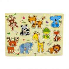 Puzzle educativ incastru Montessori cu animale, Onore, multicolor, lemn, 30 x 22.5 cm, 10 piese