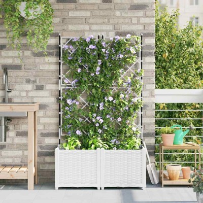 vidaXL Jardiniere de grădină cu spalier, 2 buc., alb, 80x40x143 cm foto