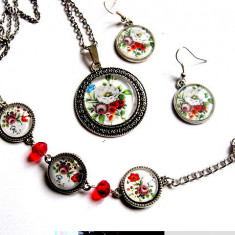 Set bijuterii cu model floral si cristale rosii, set bijuterii femei 29680