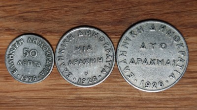 Grecia -set istoric - 50 lepta + 1 drahma / drachme + 2 drahme / drachmai 1926 foto