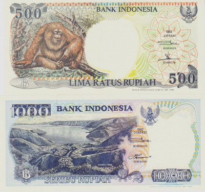 Bancnota Indonezia 500 si 1.000 Rupii 1992 - P128g/ 129h UNC ( set x2 ) foto