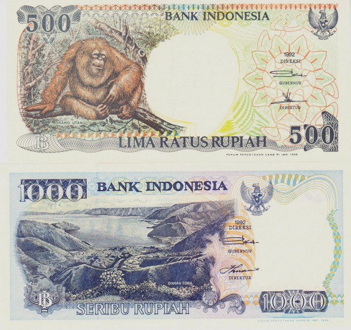 Bancnota Indonezia 500 si 1.000 Rupii 1992 - P128g/ 129h UNC ( set x2 )