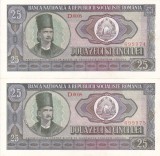 Romania: 2 x Bancnota 25 Lei 1966, Serii Consecutive, AUNC+