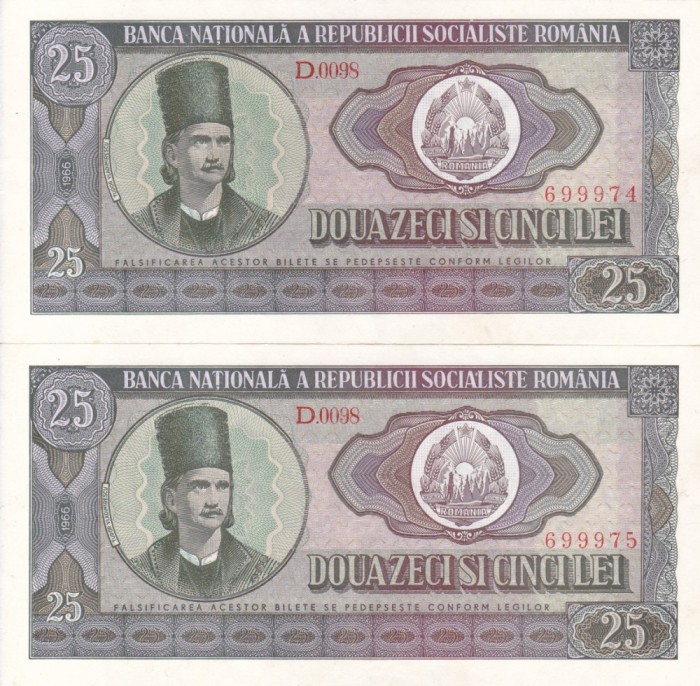 ROMANIA 2 buc. X 25 lei 1966 serii consecutive AUNC+!!!