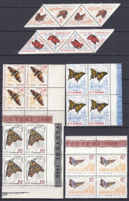 ROMANIA 1960 LP 505 FLUTURI SERIA IN BLOC DE 4 TIMBRE MNH