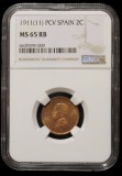 SPANIA - 2 Centimos 1911 MS 65 TOP POP - 6639599-009 - GRADATA NGC, KM# 732, Europa