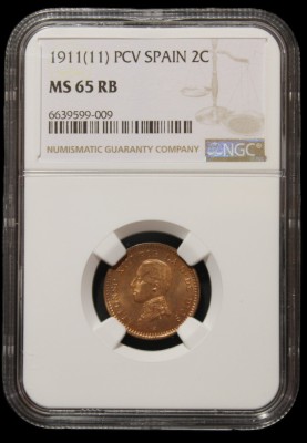 SPANIA - 2 Centimos 1911 MS 65 TOP POP - 6639599-009 - GRADATA NGC, KM# 732 foto