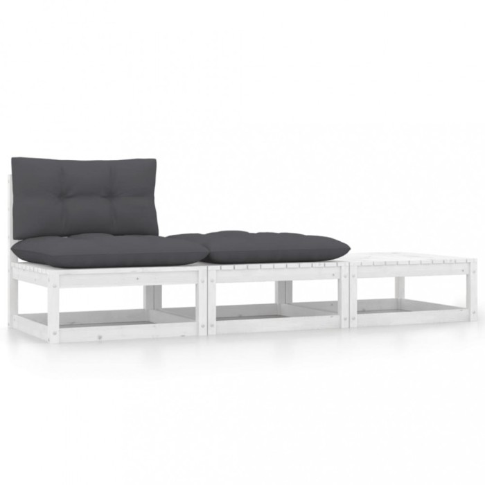 Gossi set mobilier de gradina cu perne, 3 piese, alb, lemn masiv pin