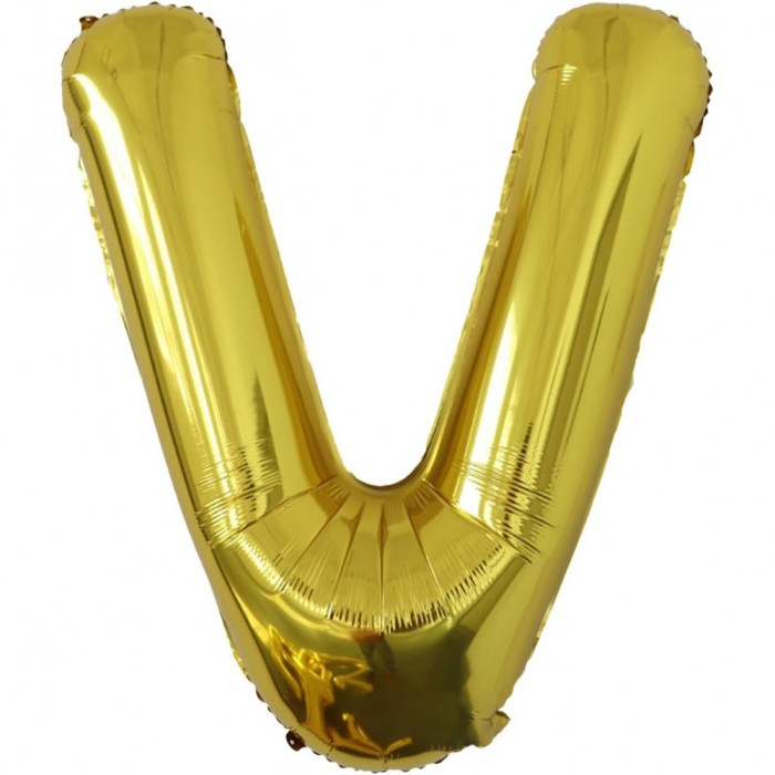 Balon folie metalizata litera v, flippy, 40 cm, umflati cu heliu sau aer, ambalaj individual, pai inclus, auriu