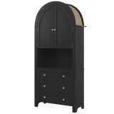 Dulap de depozitare &icirc;nalt cu arc, cu 3 sertare, uși și compartiment deschis pentru expunere, pentru bucătărie și living, 70x35x180 cm, Negru