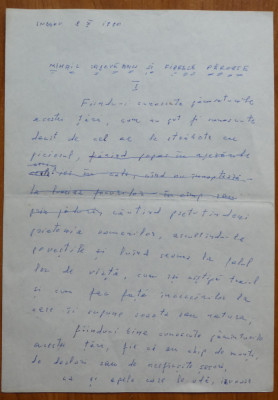 Manuscris olograf Geo Bogza , Mihai Sadoveanu si fiarele paroase , 5 pag. , 1980 foto