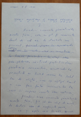 Manuscris olograf Geo Bogza, Mihai Sadoveanu si fiarele paroase, 5 pagini, 1980 foto