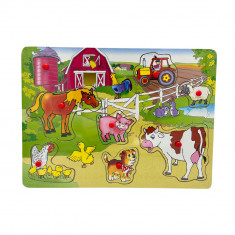 Puzzle educativ incastru Montessori cu animale de la ferma, Onore, multicolor, lemn, 30 x 22.5 cm, 7
