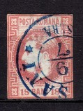 ✅RO 1868 ,LP 24 ,&quot;Carol I cu favoriti&quot;,18 BANI rosu ( hartie galbuie ???) , margini reduse , stampila frumoasa