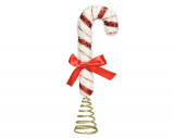 Varf decorativ pentru brad Candy cane w bow, Decoris, 4.5x7.5x25 cm, spuma, rosu/alb/auriu