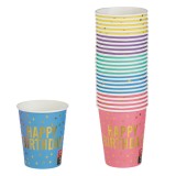 Pahare de petrecere carton culori pastelate cu folie aurie Happy Birthday, CMCLASS