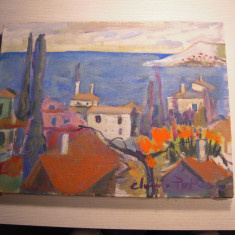 Tablou reprezentand un peisaj, semnat Claudia Popescu, dimensiuni 40x30 cm.