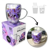 Cana 300 ml din sticla borosilicata, pereti dubli, model flori mov, in cutie cadou, JollyMag, SZK166