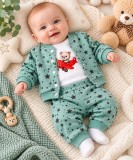 Cumpara ieftin Costum bebe băieți 3 piese verde cu imprimeu stelute și ursuleț din bumbac