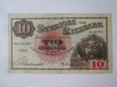 Rara! Suedia 10 Kronor 1938 aUNC,bancnota din imagini