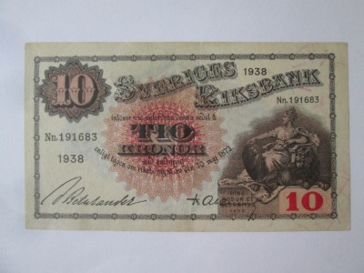 Rara! Suedia 10 Kronor 1938 aUNC,bancnota din imagini foto