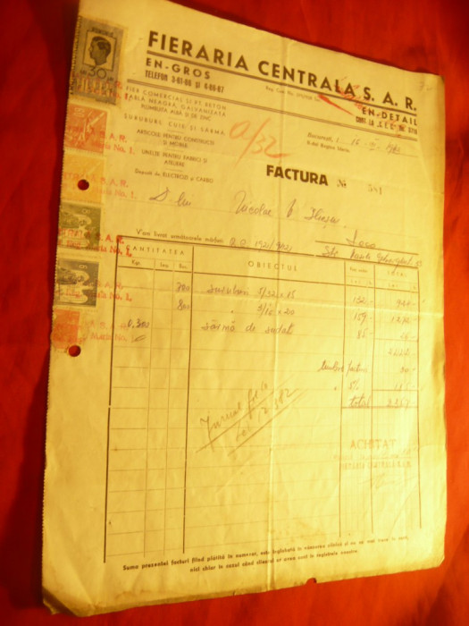 Factura cu Antet Fieraria Centrala SAR 1942 cu 4 Timbre Fiscale si 2xTimbrul Avi