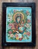 Icoană veche Maica Domnului cu Pruncul - Litografie populară interbelică, ramă originală din lemn, 48x37 cm