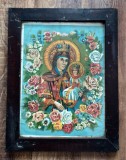 Icoană veche Maica Domnului cu Pruncul - Litografie populară interbelică, ramă originală din lemn, 48x37 cm