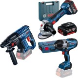 Bosch GBH 180-LI + GWS 180-LI + GDS 18V-1000 - Rotopercutor SDS-Plus 2 J + Polizor unghiular 125 mm valiza plastic + Masina de insurubat cu impact pat