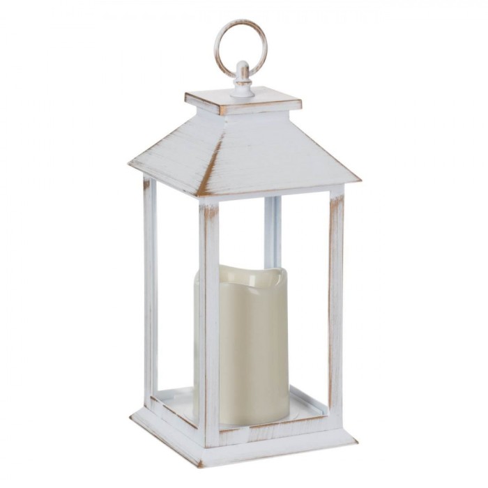 Felinar Decorativ, LED, Alb Auriu Brushed, 14x14x30cm, Lumină Albă Caldă, Sticlă și Plastic