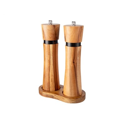 Set 2 rasnite ZYTEQ&amp;reg; sare si piper, suport lemn acacia, inel otel negru, granulatie reglabila, mecanism ceramic dur, ax aluminiu, corp lemn, maro foto