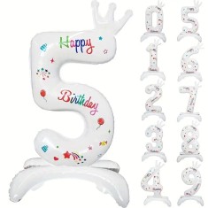 Balon din Folie Metalizata, Cyrax, Figurina Cifra, Model 5 cu Happy Birthday Scris, Tema Aniversare 81 cm, Ambalaj Individual, Pai Inclus, Umflare cu