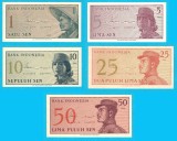 Indonezia SET COMPLET 5x (p#90+91+92+93+94) 1+5+10+25+50 Sen 1964 UNC 'Voluntari'; (ROG CITITI DETALIILE!)