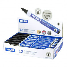 Set 12 Markere Permanente MILAN, Negre, Varf 4 mm, Marker, Marker Negru, Markere Negre, Marker cu Cerneala Neagra, Marker Permanent, Markere Permanent