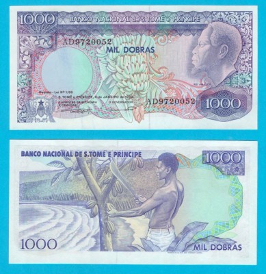 Sao Tome &amp;amp; Principe (p#62) 1.000 Dobras 1989 UNC &amp;#039;Banane/Cacao&amp;#039; serie: AD9720052 margine albă foto